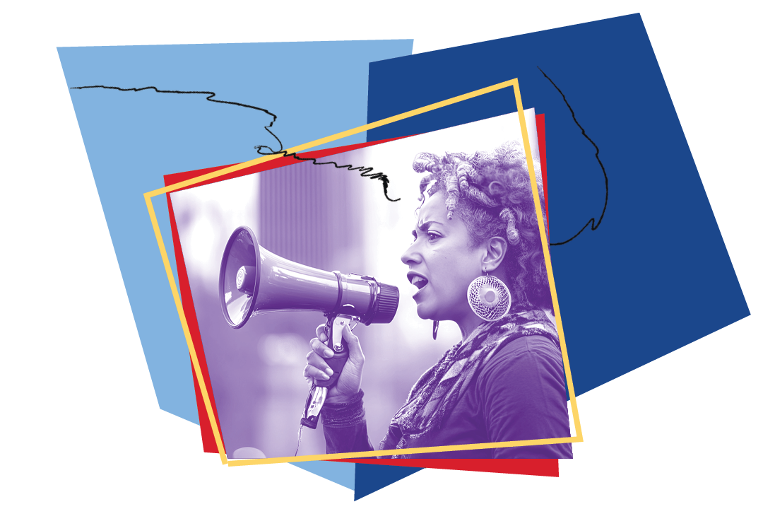 Purple photo of woman speaking into megaphone with blue boxes and squiggly lines