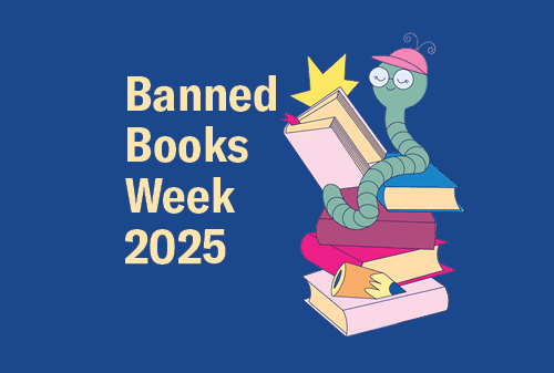 banned books week in yellow on blue background with ms. booker, bookwork reading a book, sitting on a pile of books