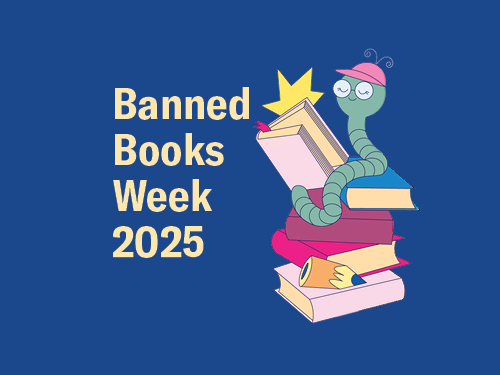 banned books week in yellow on blue background with ms. booker, bookwork reading a book, sitting on a pile of books