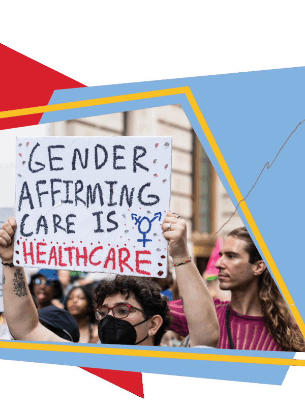 Person holding a sign that says "gender affirming care is health care: