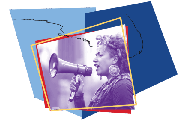 protestor speaking into a megaphone in purple with blue and red asymmetrical shapes