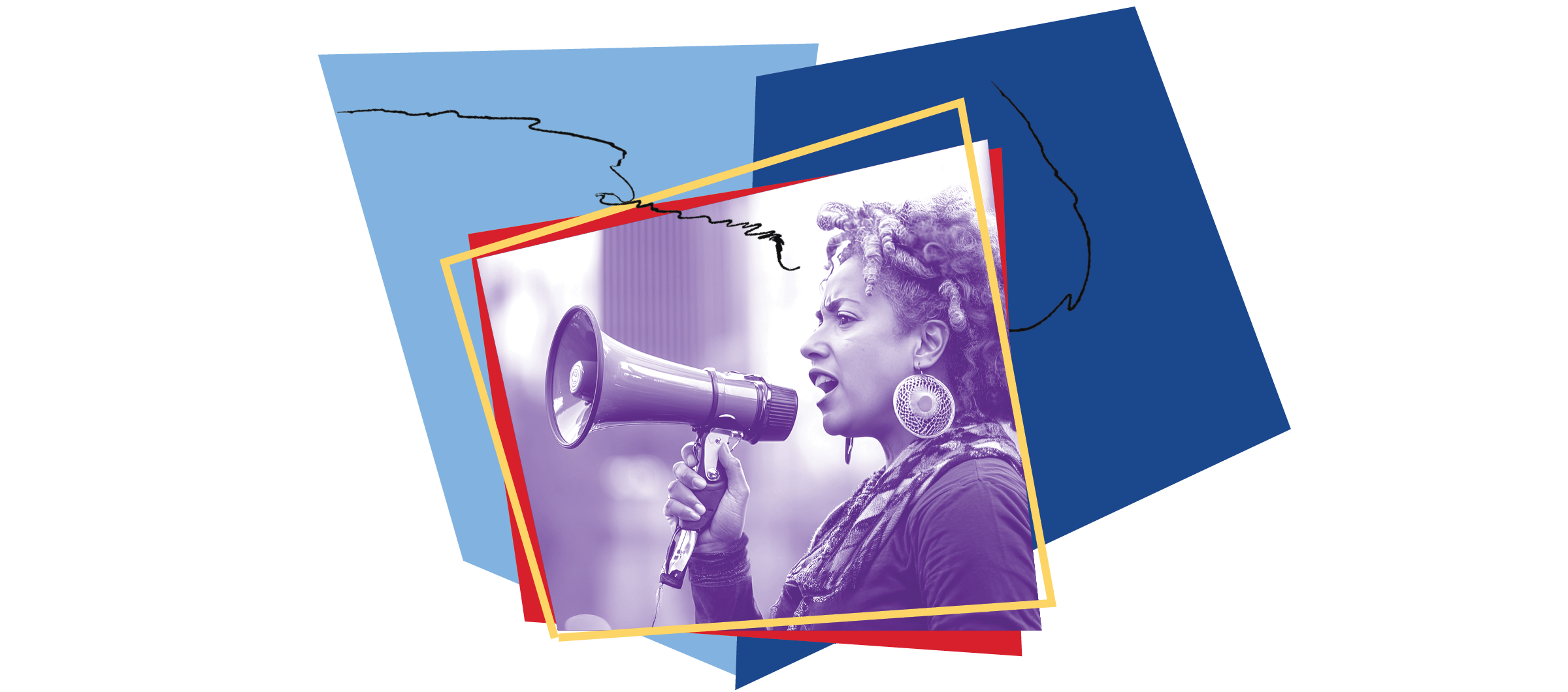 protestor speaking into a megaphone in purple with blue and red asymmetrical shapes