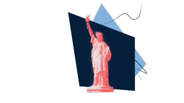 statue of liberty in red, with asymmetrical blue boxes
