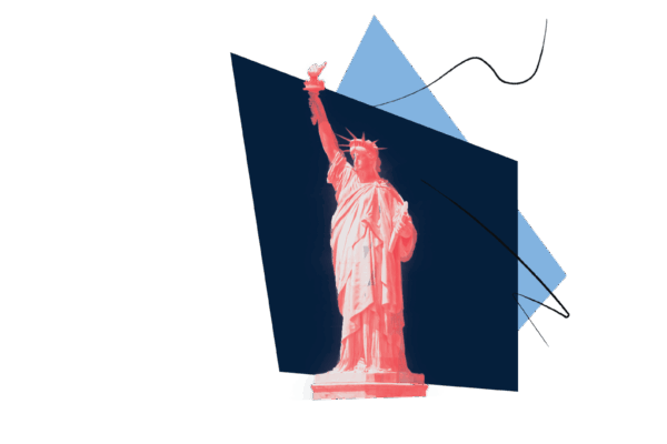 statue of liberty in red, with asymmetrical blue boxes