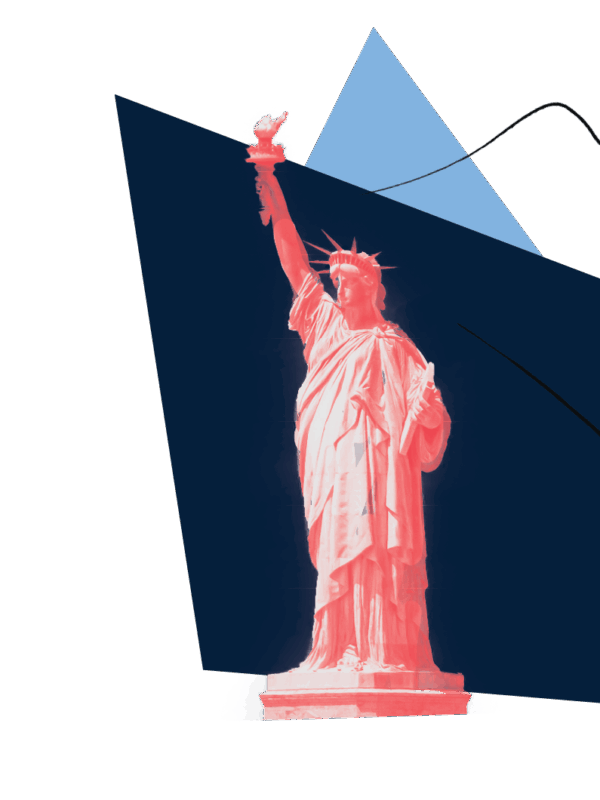 statue of liberty in red, with asymmetrical blue boxes