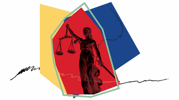 scales of justice statue in black over red yellow and blue asymmetrical shapes