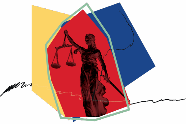 scales of justice statue in black over red yellow and blue asymmetrical shapes