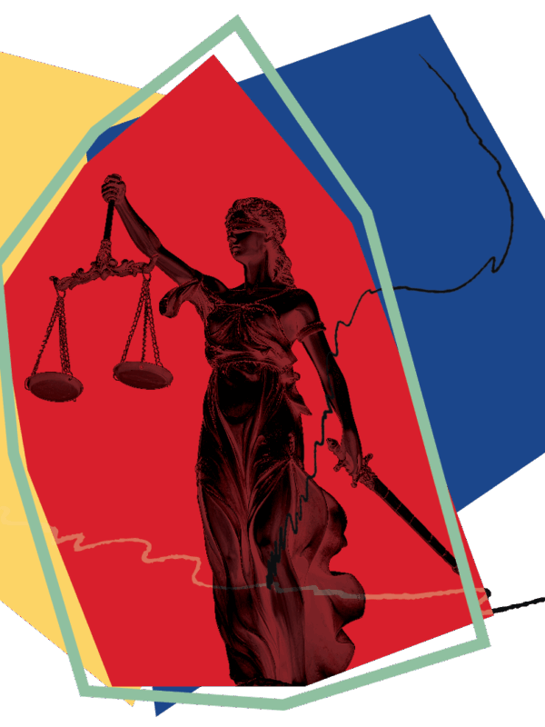 scales of justice statue in black over red yellow and blue asymmetrical shapes