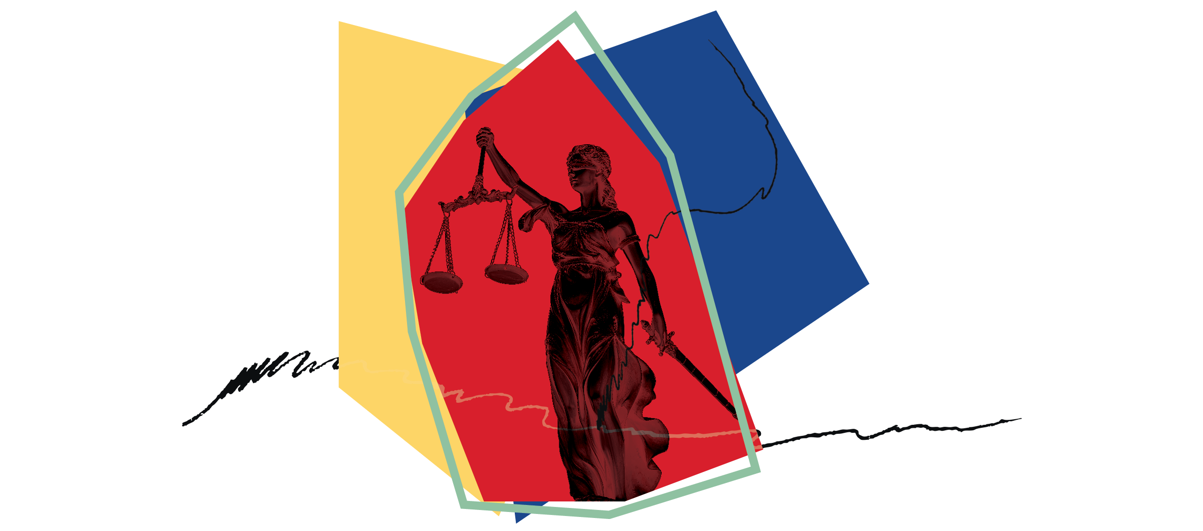 scales of justice statue in black over red yellow and blue asymmetrical shapes