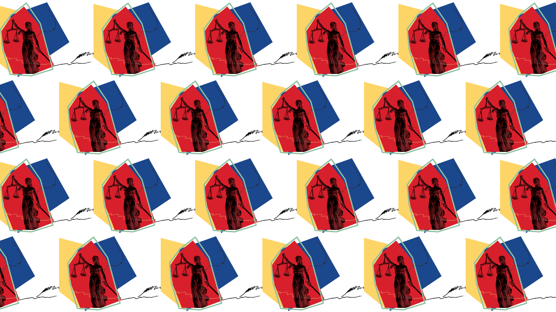 tiled scales of justice statue in black over red yellow and blue asymmetrical shapes
