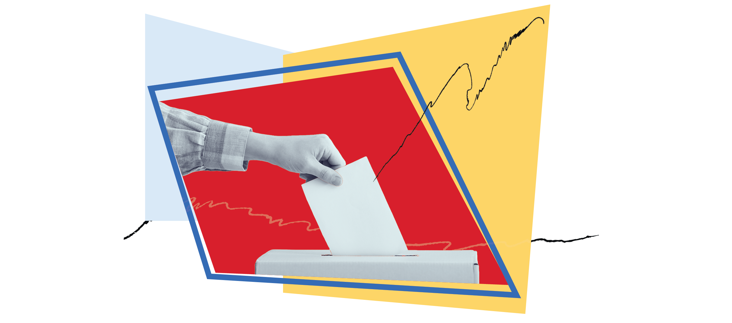 hand placing a ballot into a ballot box with asymetrical red yellow and blue shapes