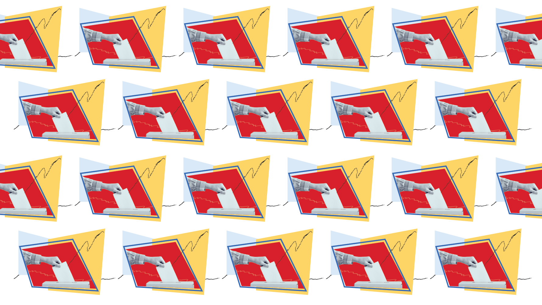 repeating image of hand placing a ballot into a ballot box with asymetrical red yellow and blue shapes