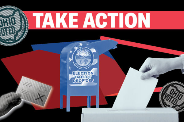 Hands turning in absentee ballots and a mailbox