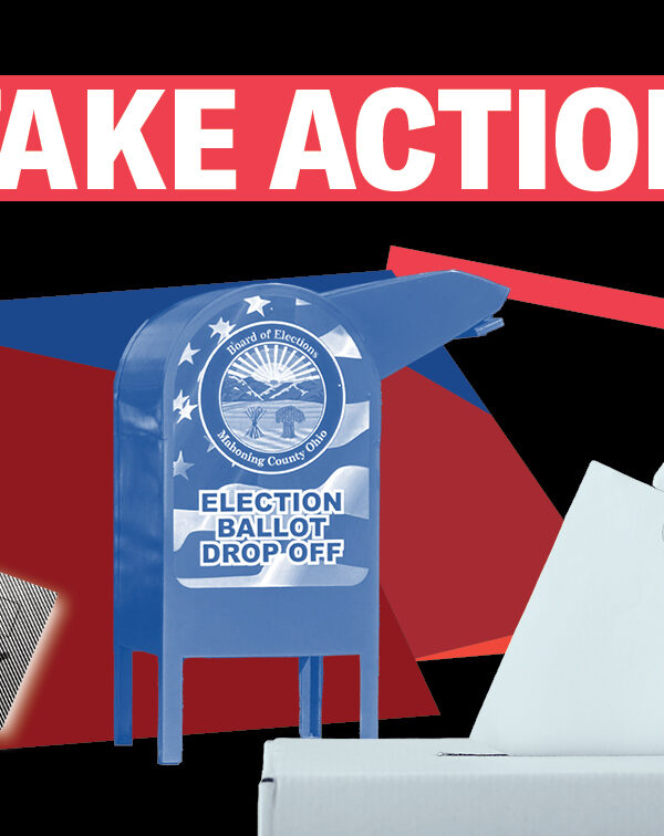 Hands turning in absentee ballots and a mailbox