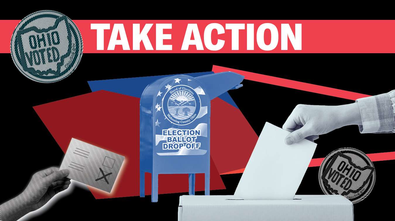 Hands turning in absentee ballots and a mailbox