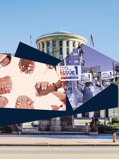Image of the Statehouse with overlay of hands and protest signs