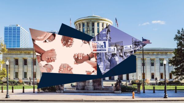 Image of the Statehouse with overlay of hands and protest signs