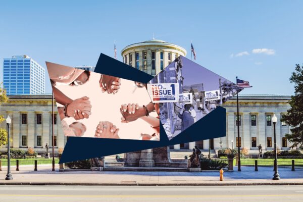 Image of the Statehouse with overlay of hands and protest signs