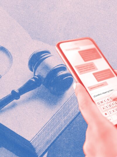 Image of a gavel and a person holding a cell phone