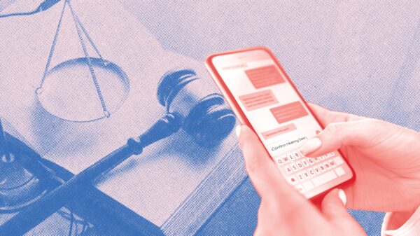 Image of a gavel and a person holding a cell phone