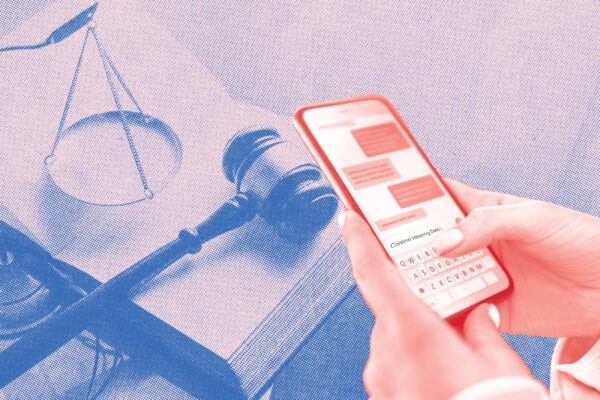 Image of a gavel and a person holding a cell phone