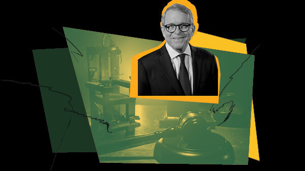 Image of Governor DeWine, an electric chair, and a gavel