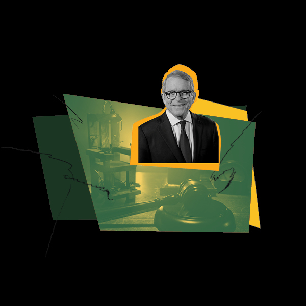 Image of Governor DeWine, an electric chair, and a gavel