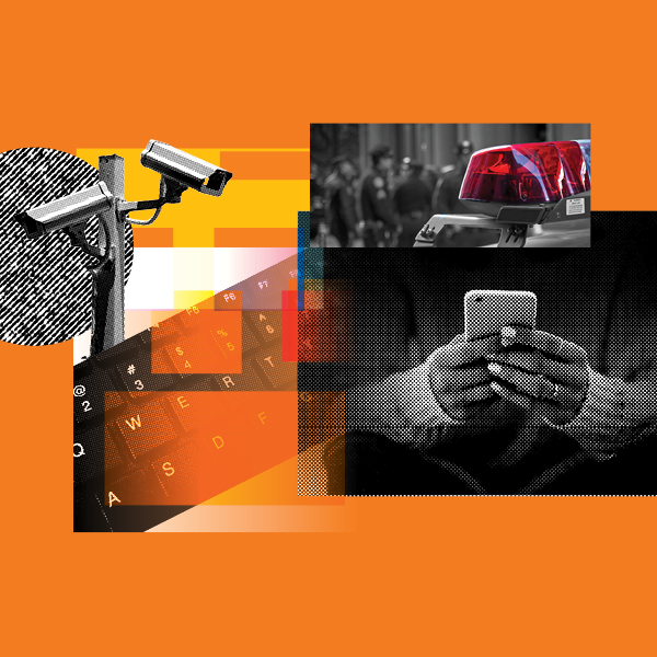 Image of a Flock camera, person holding a phone, and a siren