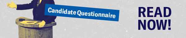 A politician at a podium with the words “Candidate Questionnaire” in white letters in a blue rectangle with the words "read now!" in navy on a textured grey background