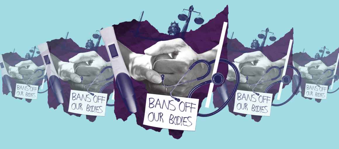 Collage with a pregnancy test, holding hands, the scales of justice, a stethoscope and a sign that says 'bans off our bodies' on a blue Ohio on an azure background