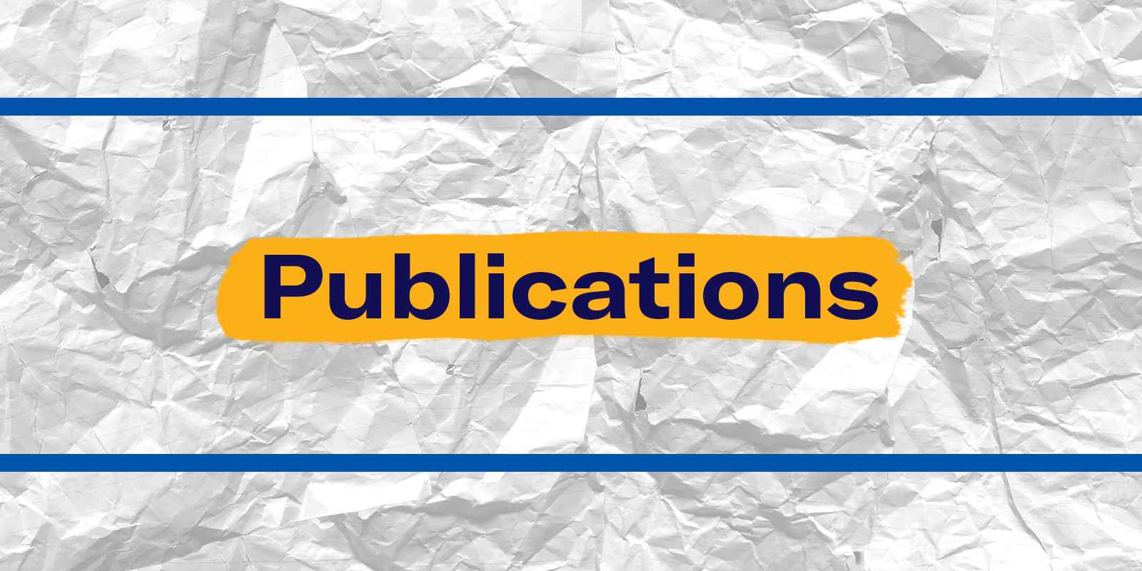 The word 'Publications' in navy font, with small blue rectangles above and below, on a background of crumpled and wrinkled notebook paper