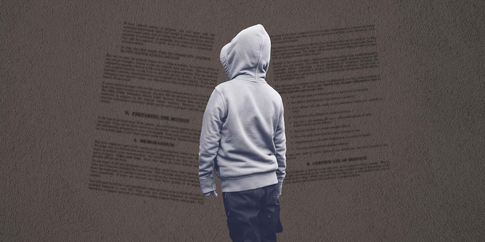 A child, standing in a hooded sweatshirt, facing away, on a textured grey background