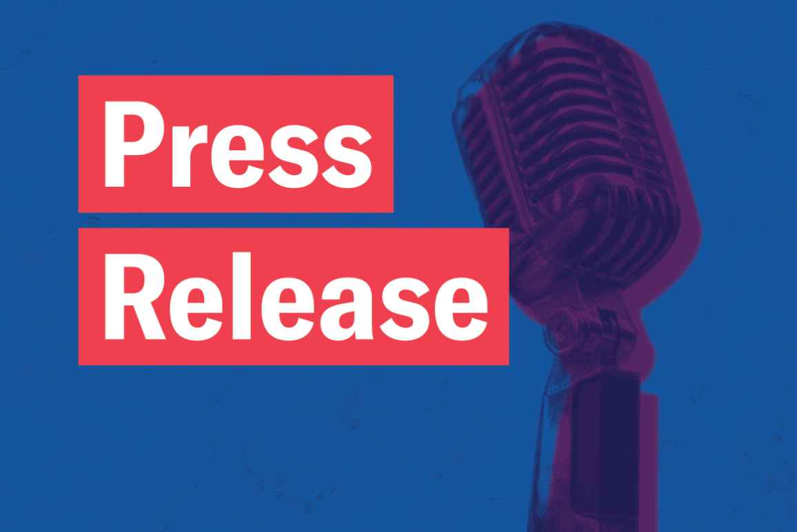 Press Release in white font in red rectangles, a retro microphone with navy and purple color overlay on a textured blue background