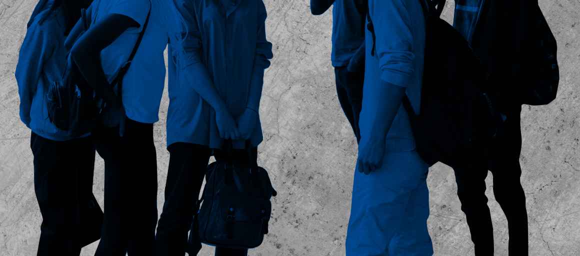 Students standing around talking with black and blue color overlay