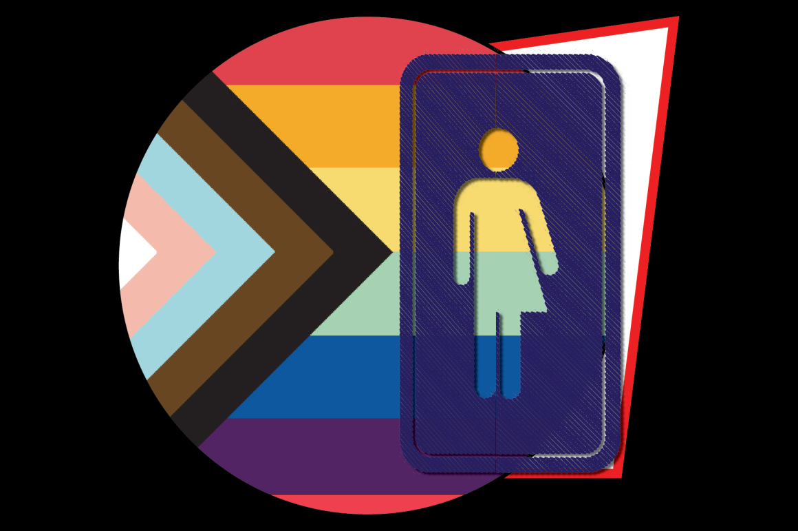 Image of the Pride flag and a restroom sign