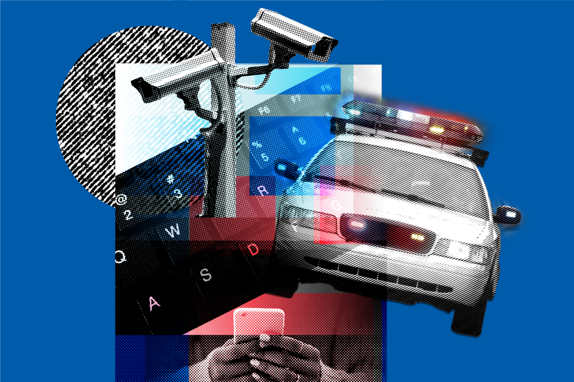 Images of a cell phone, computer keyboard, police car, and speed cameras