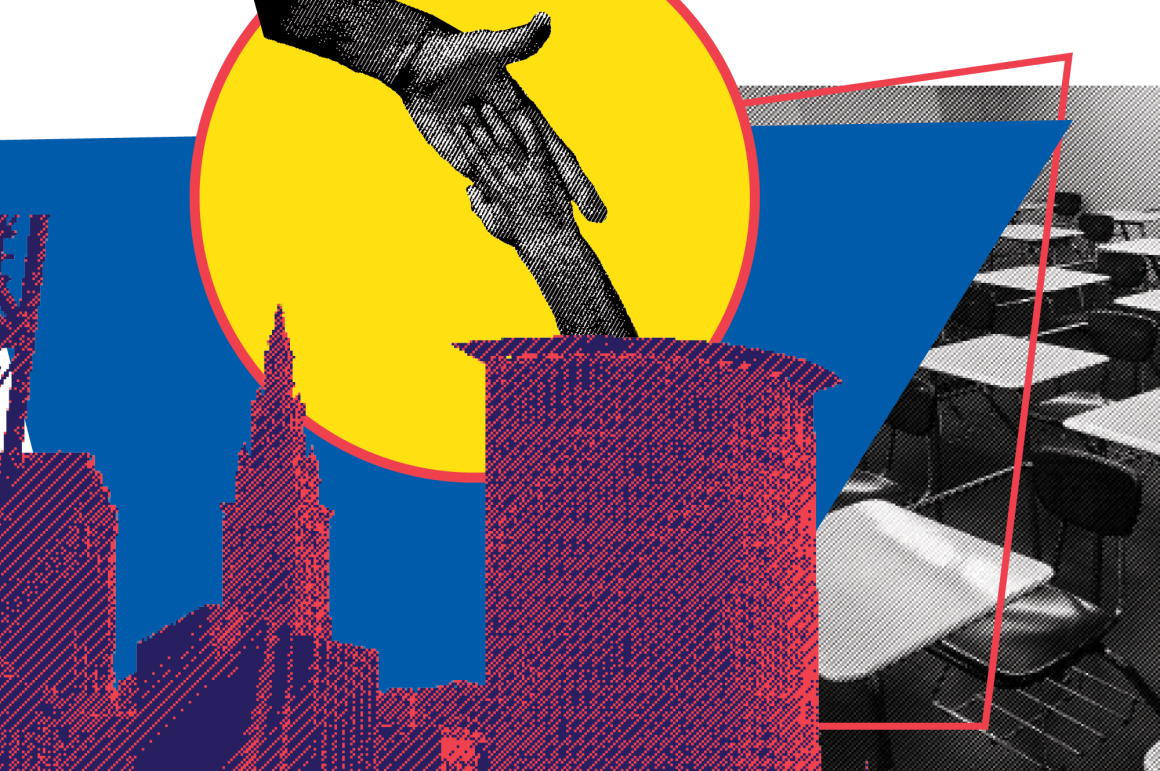 Graphic of Cleveland Skyline with an adult hand helping a youth hand