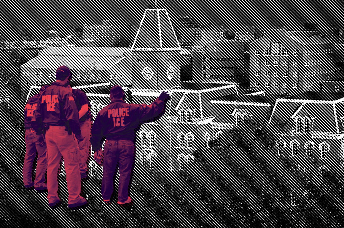 Photo of Campus Building with an overlay of ICE agents in foreground