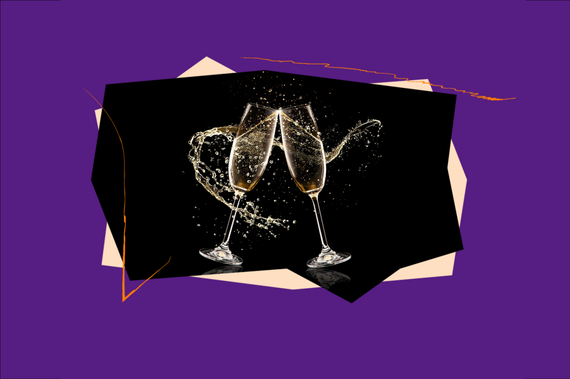 Purple background color with champagne glasses.
