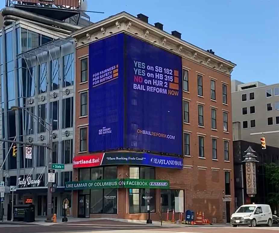 Navy Billboard in Columbus, Ohio that says 'Yes On SB 182, Yes On HB 315, No On HJR2,' and 'Bail Reform Now'