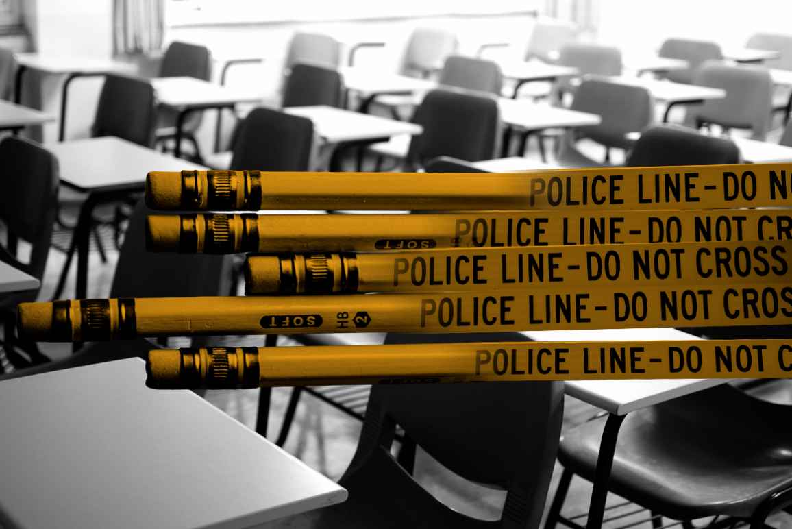 Graphic of yellow pencils combined with police tape stating "Police Line Do Not Cross." Pencils are in front of a black and white photo of a classroom with empty desks.