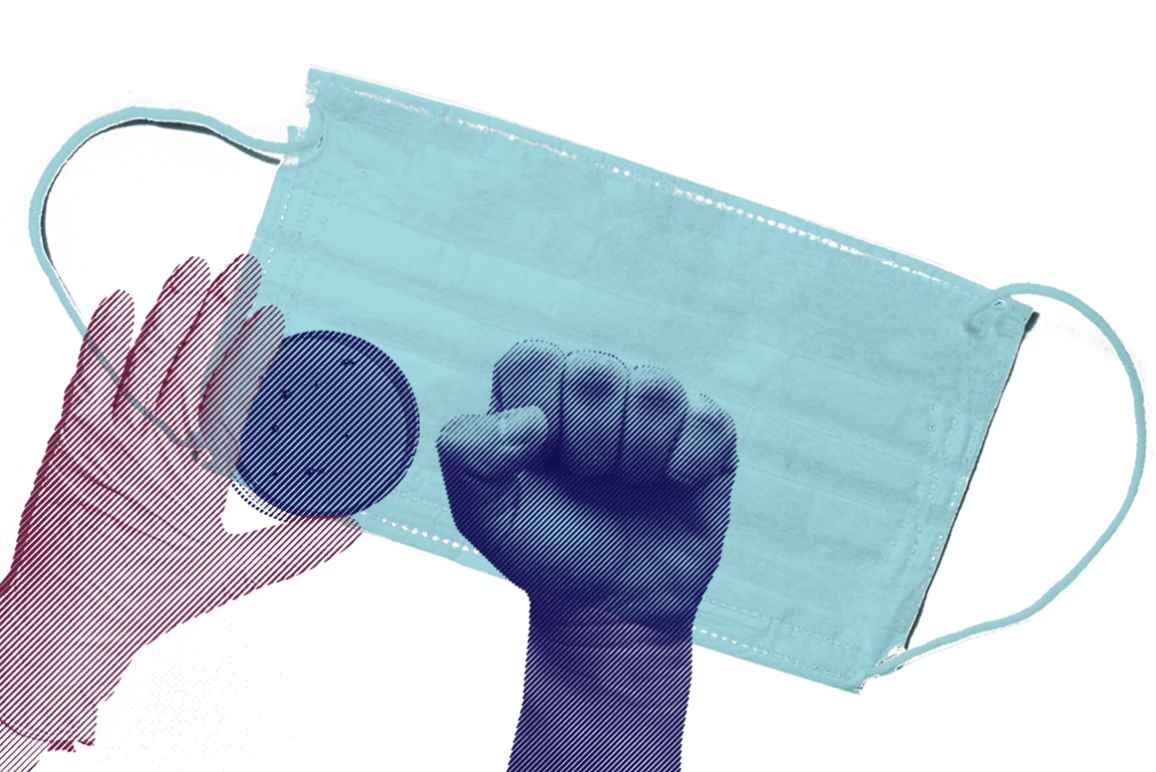 Medical glove with a purple color overlay, petri dish with a navy color overlay, raised fist with a navy overlay, and azure surgical mask