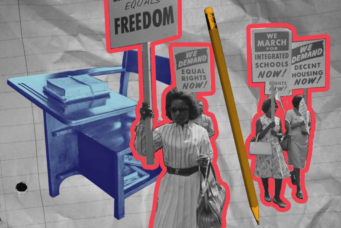 Black and white photo of civil rights era protestors, a blue school desk and an orange pencil on a crumpled piece of notebook paper