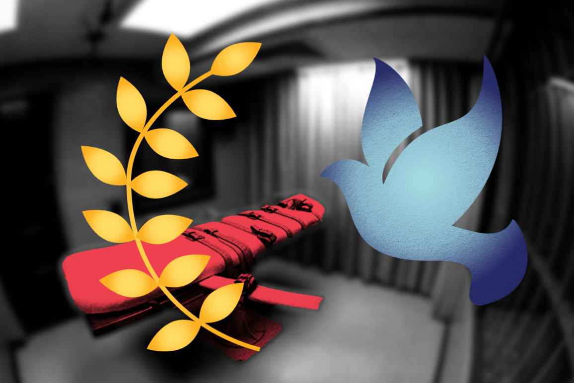 Peace dove with a blue color overlay, peace leaves with an orange color overlay on a blurry image of a lethal injection bed in a prison cell