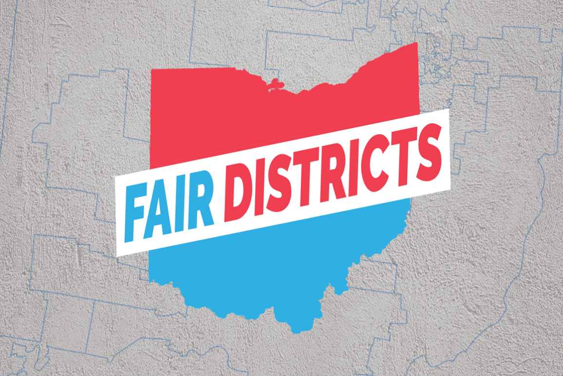 Fair Districts Ohio logo on a grey textured background with a map of Ohio with blue outlines of gerrmandered congressional districts