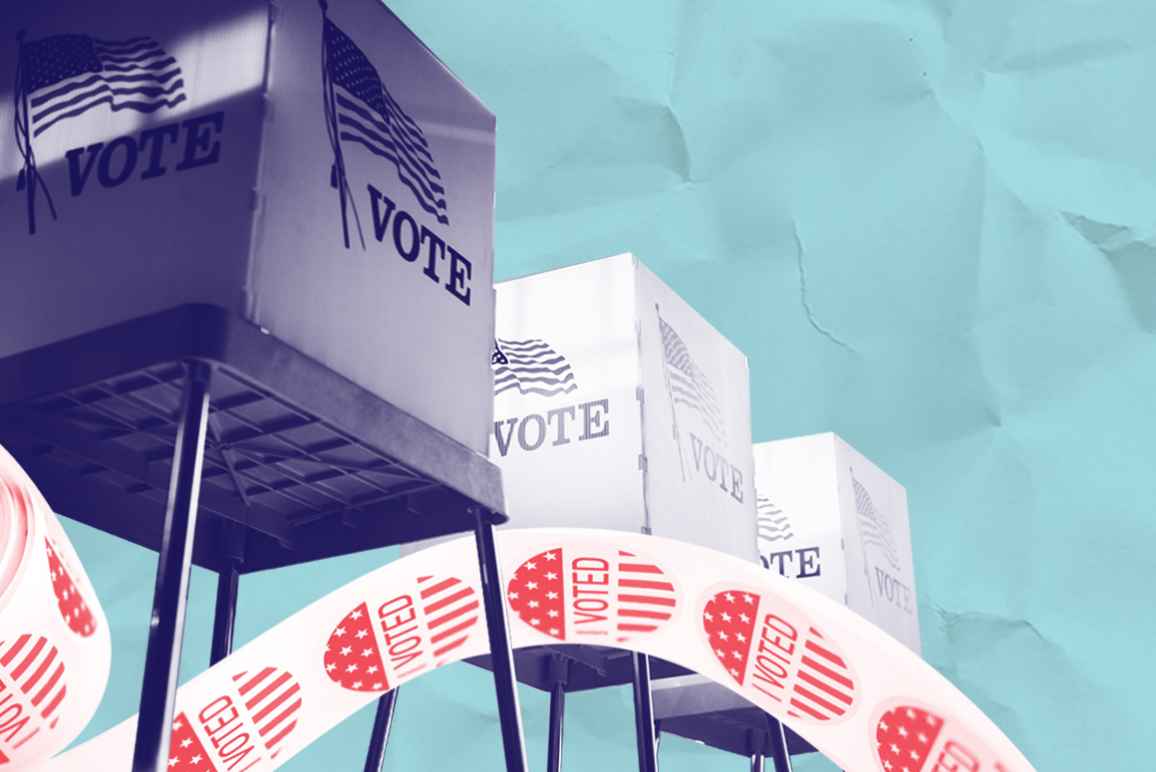 Voting booths with a navy and white color overlay and a roll of 'I voted' stickers with a red and white color overlay on an azure color textured background