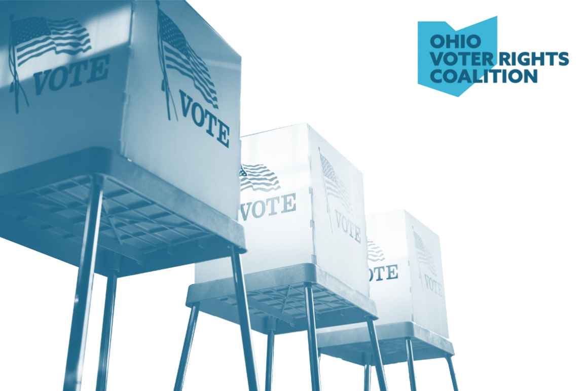 Voting booths with a blue and white color overlay on a white background with the Ohio Voter Rights Coalition logo