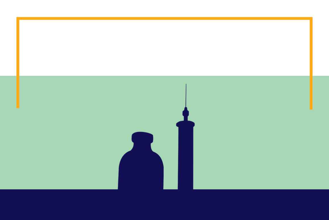 Silhouette of a neeedle and vile in navy on a green and white background