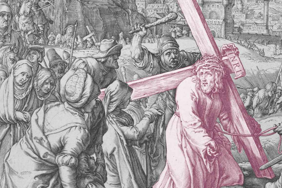 Jesus Christ carrying the cross with a crowd of people jeering at him.
