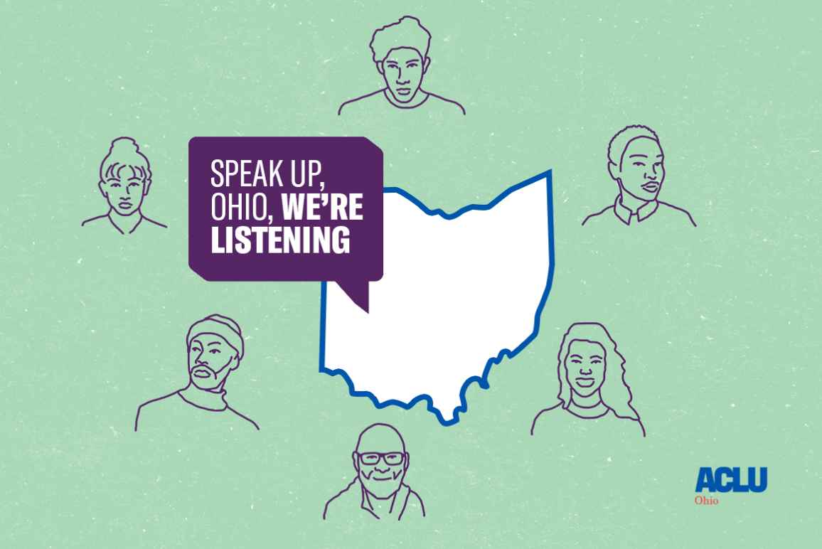 speak up ohio, we're listening in a purple speech bubble next to the outline of ohio. Outlines of 6 faces around the bubble & Ohio outline.